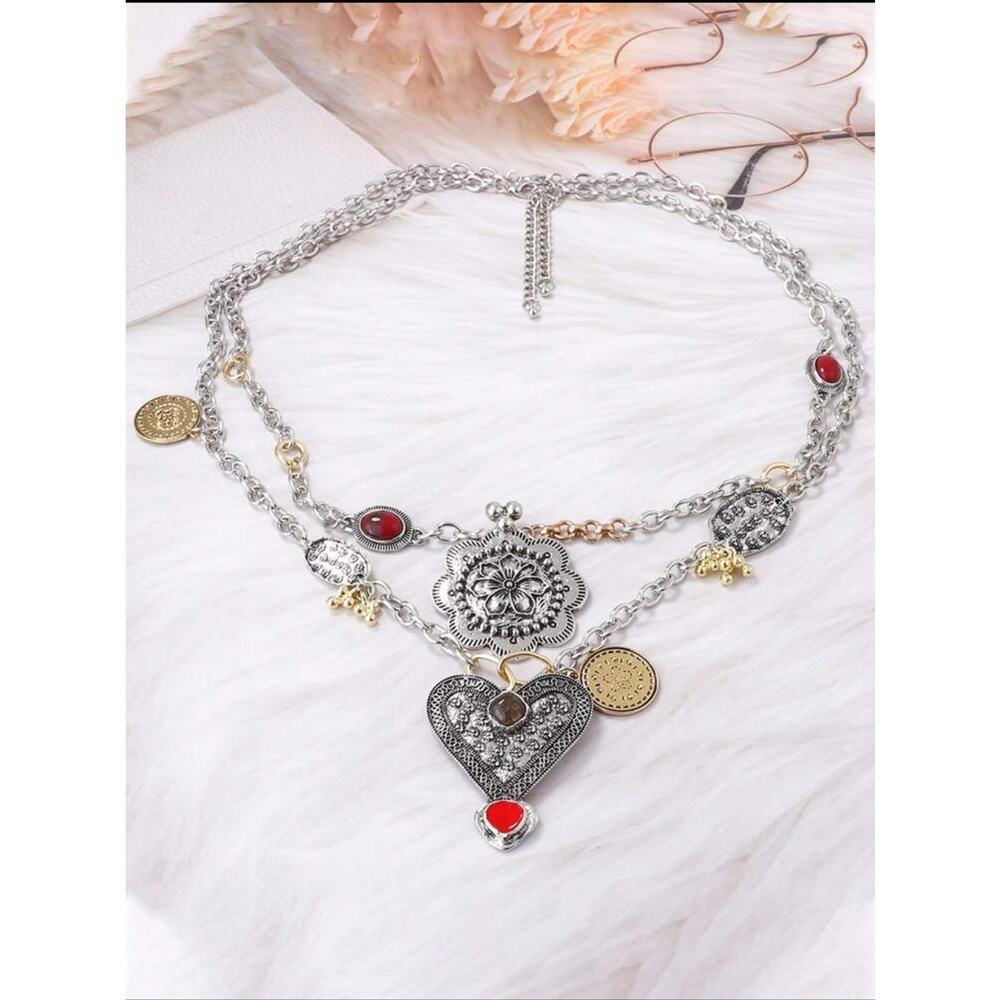 Stainless Steel Vintage Western Heart Statement Necklace Boho Cowgirl Chic - Picture 7 of 9